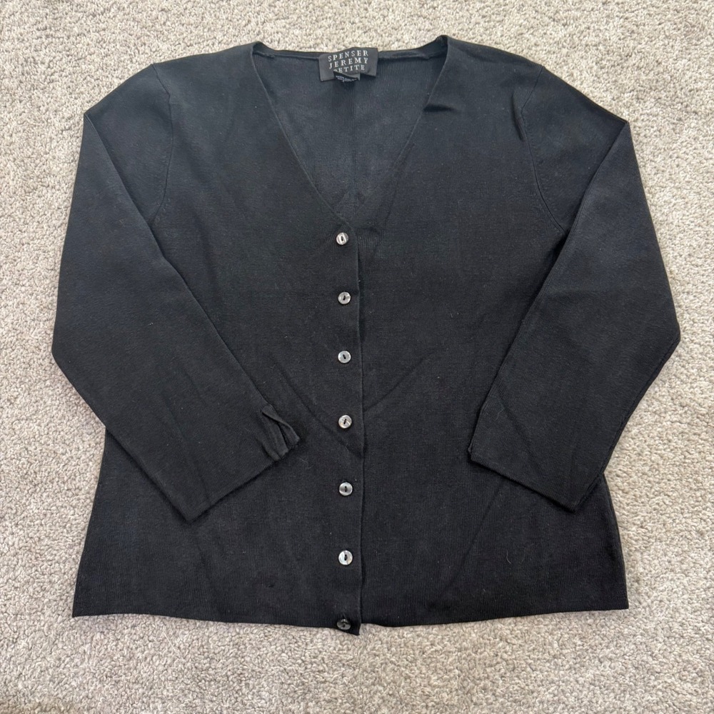 Spenser Jeremy Petite Black Silk Blend V-Neck 3/4 Sleeve‎ Button Cardigan PM